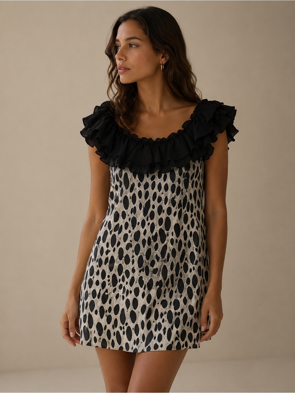 JAYGODFREY Black & Cream Ruffle-Trim Printed Mini Dress Size 6